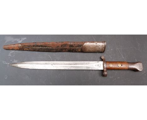 British Army 1888 pattern Mk1 second type bayonet, VR cypher and good stamps to 30cm blade, with scabbard