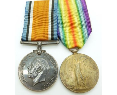 British Army WWI medals comprising War Medal and Victory Medal named to 556295 Pte C Solomons, Labour Corps