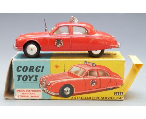 Corgi Toys diecast model 2.4 Jaguar Fire Service Car with red body, lemon interior, roof speaker and decals to the doors, 213