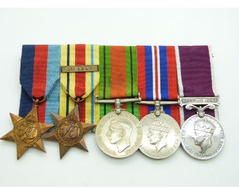 British Army WWII medals comprising 1939/1945 Star, Africa Star with clasp for 8th Army,&nbsp;Defence Medal, War Medal and Lo