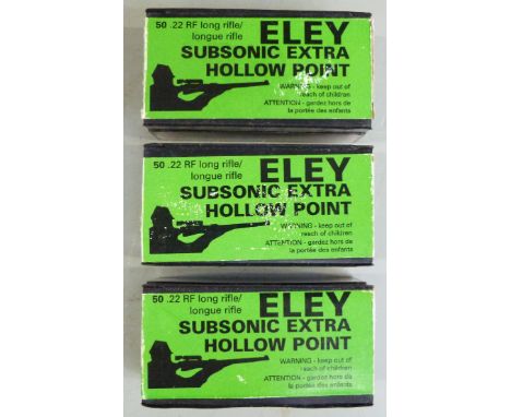 One-hundred-and-fifty Eley .22 RF Subsonic Extra Hollow Point rifle cartridges, all in original boxes.&nbsp;PLEASE NOTE THAT 