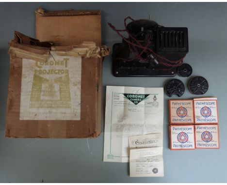 Pathescope 9.5mm projector with films including Launching the Queen Mary, Eyes Front, P-aint Fair and Footing the Bill