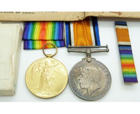 British Army WWI medals comprising War Medal and Victory Medal named to Pte L A Corsham, Royal Welsh Fusiliers, with original