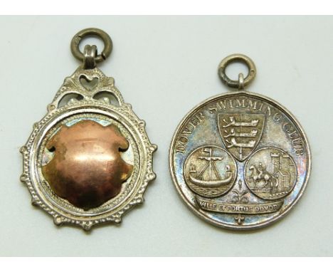 Two hallmarked silver Dover interest sporting medals, one Dover Swimming Club engraved verso R Dixon 1914, the other likely f