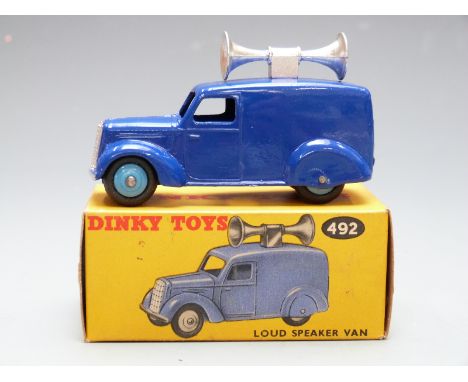 Dinky Toys diecast model Loud Speaker Van with dark blue body, light blue hubs and silver speaker, 492, in original box.&nbsp