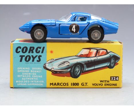 Corgi Marcos 1800 GT with Volvo engine, blue body, driver and racing number 4, 324, in original box.&nbsp;