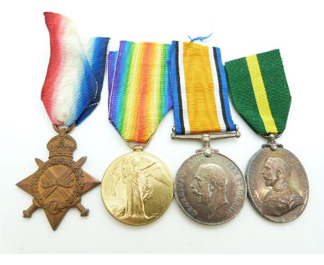 British Army WWI medals comprising 1914/1915 Star, War Medal and Victory Medal named to 574 Cpl T Mitchell, Royal Field Artil