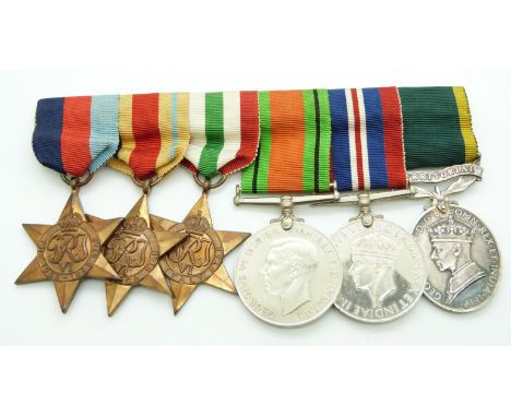 British Army WWII medals comprising 1939/1945 Star, Africa Star, Italy Star, Defence Medal, War Medal and Territorial&nbsp;Ef