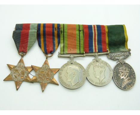 British Army WWII medals comprising 1939/1945 Star, Burma Star, Defence Medal, War Medal and Territorial&nbsp;Efficiency Meda