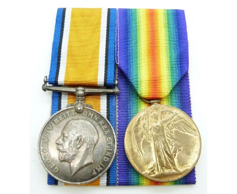 British Army WWI medals comprising War Medal and Victory Medal named to 111208 Driver Pedley, Royal Artillery, with copy pape