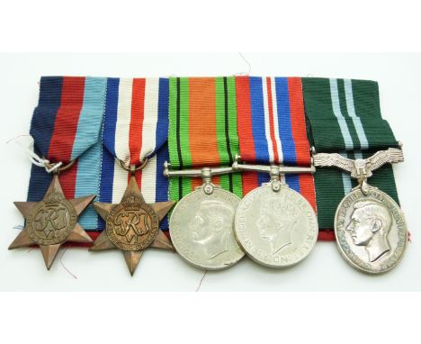 Royal Air Force WWII medals comprising 1939/1945 Star, France &amp; Germany Star, Defence Medal, War Medal and Air Efficiency