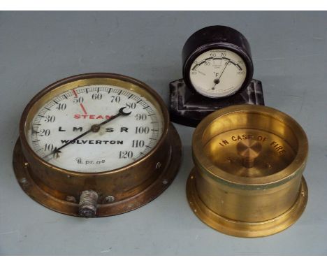 Steam pressure gauge marked LMSR, brass fire alarm 'Break Glass and Push' and a Rototherm bakelite thermometer