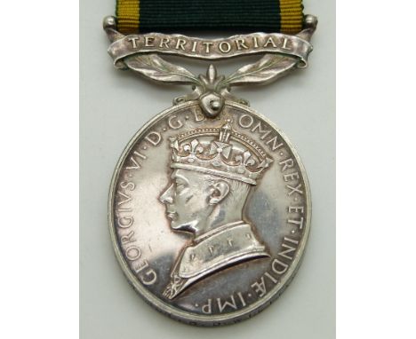 British Army Territorial Efficiency Medal (George VI) named to 1474301 Bombardier C D Williams, Royal Artillery