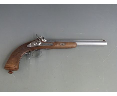 Italian F Rochette of Paris style .45 percussion hammer action pistol with named lock, chequered grip, scrolling and spurred 