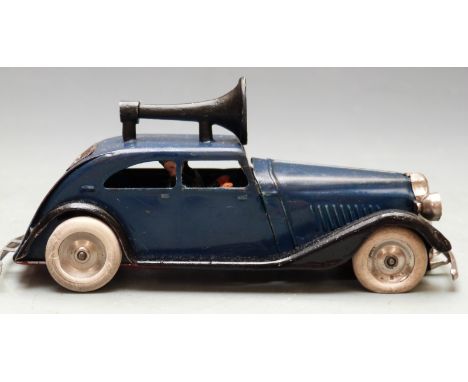 Tri-ang Minic clockwork tinplate Traffic Control Car with blue and black body, loud speaker and two policemen.&nbsp;