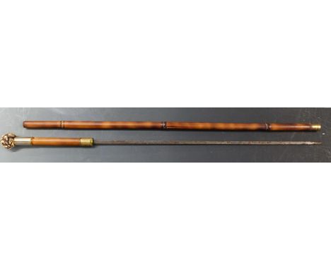 Bamboo swordstick with carved style knop, blade length 55cm