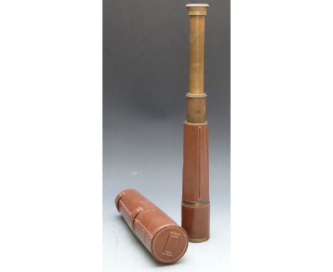 Three draw brass telescope with leather case