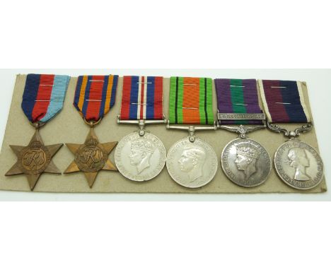 Royal Air Force WWII medals comprising 1939/1945 Star, Burma Star, Defence Medal, War Medal and General Service Medal with cl