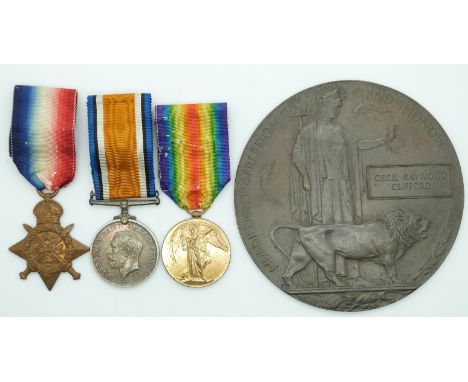 British Army WWI medals comprising 1914 'Mons' Star, War Medal and Victory Medal named to 9579 Lcpl/Cpl C R Clifford, 1st Bat