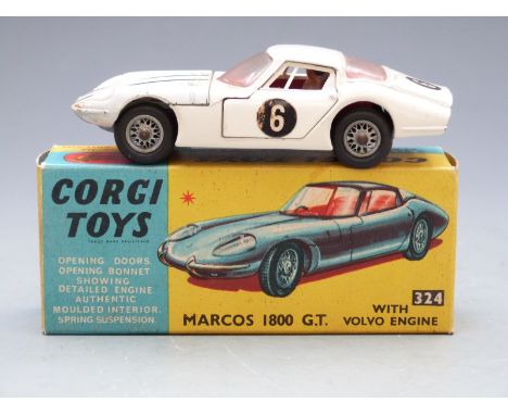 Corgi Marcos 1800 GT with Volvo engine, white body, driver and racing number 4, 324, in original box. 