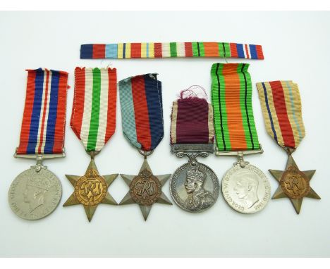 British Army WWII medals comprising 1939/1945 Star, Africa Star, Italy Star, Defence Medal, War Medal and Long Service &amp; 