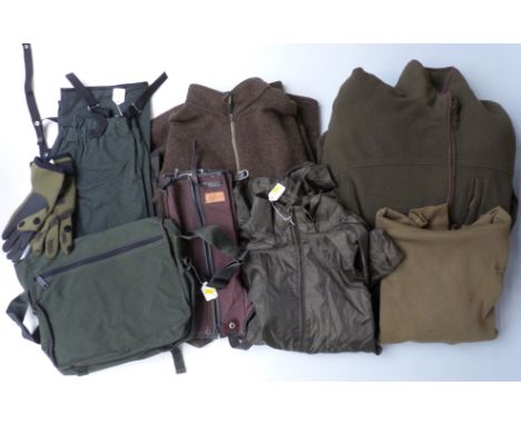 A collection of fishing related clothing ans accessories including waterproof trousers, neoprene gloves, Odyssey fishing bag,