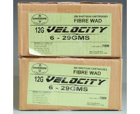Five-hundred Eley Velocity 12 bore shotgun cartridges, all sealed in original boxes and delivery boxes. PLEASE NOTE THAT A VA