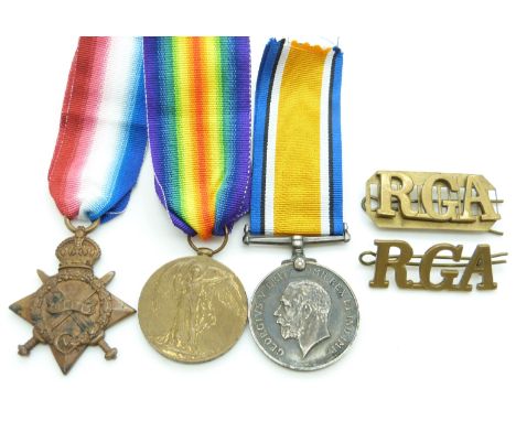 British Army WWI medals comprising 1914/1915 Star, War Medal and Victory Medal named to 54442 Gunner J Hughes, Royal Garrison