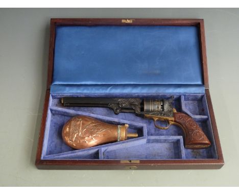 Colt Navy second generation .36 six shot double action percussion revolver with ornately engraved frame, carved wooden grips,