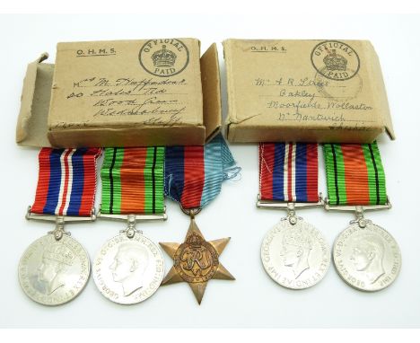 British Forces WWII boxed medals comprising 1939/1945 Star, Defence Medal and War Medal addressed to Mrs M Huffadine. L/Cpl H