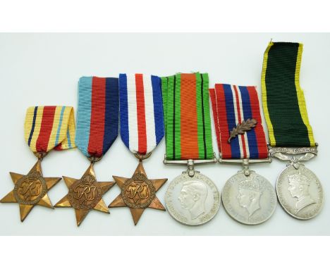 British Army WWII medals comprising 1939/1945 Star, France & Germany Star, Africa Star, Defence Medal, War Medal with bronze 