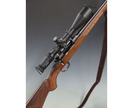 CZ 550 American .308 semi-automatic rifle with chequered grip and forend, raised cheek piece, brown leather sling, Hawke Side