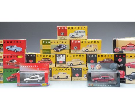 Seventeen Vanguards 1:43 scale diecast model vehicles and vehicle sets including Vauxhall, Rover MG, Classic Popular Saloon C