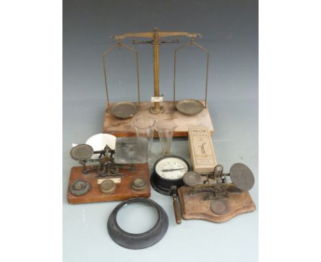Mordan 19thC postage scales with engraved and gilt decoration, two further sets of scales, Cambridge Instruments dial thermom
