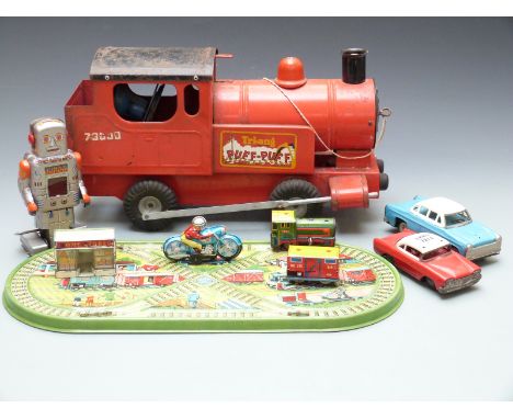 Tri-ang Puff-Puff pressed steel train together with six various tinplate toys including a train set, friction powered cars, '