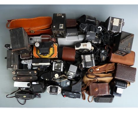 Vintage cameras to include Zeiss Ikon, Kodak folding cameras, Hawkeye, Coronet, Ross Ensign, Polaroid, Voigtlander etc