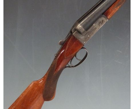 Mugica Eibar 12 bore side by side shotgun with engraved lock, trigger guard, underside and top plate, chequered semi-pistol g