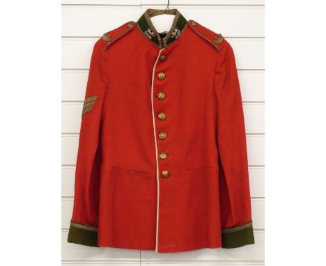 British Army Victorian or early 20thC Herefordshire Regiment 'Red Coat' tunic with 'grass' green facings and sergeants stripe