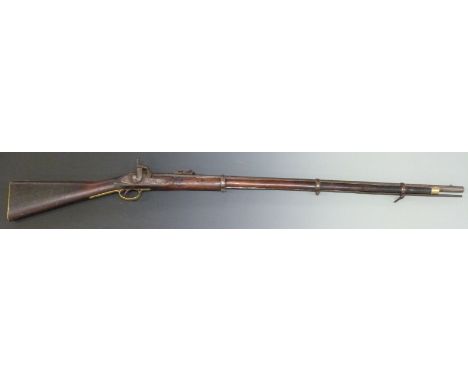 Enfield 1858 pattern 3-band percussion hammer action musket with lock stamped Tower 1858 and with crown over VR cypher, brass