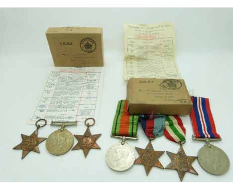 British Army WWII boxed medals comprising 1939/1945 Star, Italy Star, Defence Medal and War Medal addressed to J Howson, Astl