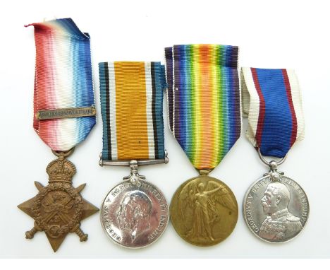 Royal Navy WWI medals comprising 1914 'Mons' Star with clasp for 5th August - 22nd November 1914 named to SS100082 R Thompson