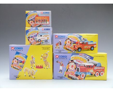 Five Corgi Classics Chipperfield's Circus diecast model vehicle, figure and animal sets comprising Mary Chipperfield's Libert