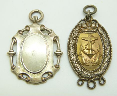 Two hallmarked silver Royal Navy football medals, one with anchor to front, both engraved verso, one RNRC Hong Kong 1930-31 R