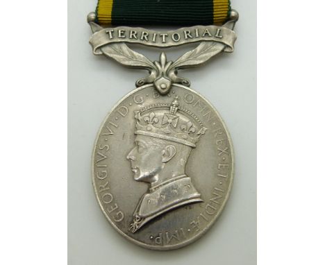 British Army Territorial Efficiency Medal (George VI) named to 854516 Gunner C W Chapman, Royal Artillery