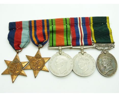 British Army WWII medals comprising 1939/1945 Star,&nbsp;Burma Star, Defence Medal, War Medal and Territorial&nbsp;Efficiency