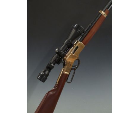 Henry .38 /.357 Winchester style underlever action rifle with brass frame, butt plate and mounts, Nikko Sterling Silver Crown