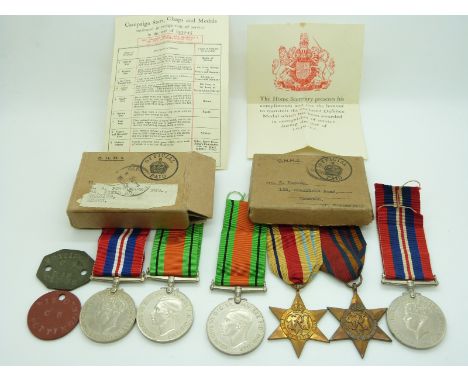 British Forces WWII boxed medals comprising Burma Star, Africa Star, Defence Medal and War Medal, addressed to R Kaplan, Orms