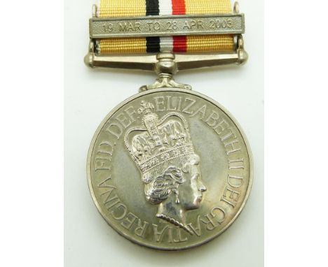 Royal Air Force Iraq Medal with clasp for 19 Mar to 28 Apr 2003, named to B8432401 Sac J P Brooks, RAF, with box