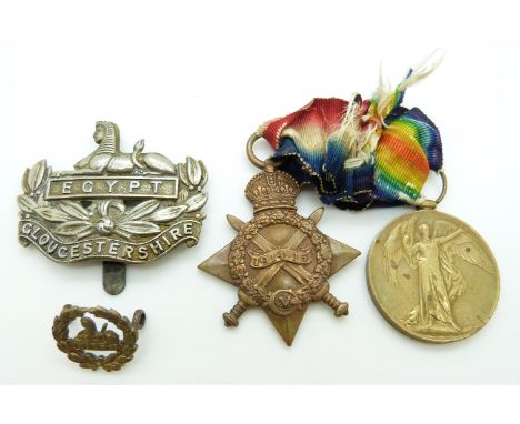 British Army WWI medals comprising 1914/1915 Star and Victory Medal named to 12000 Pte F G Chesterman, with cap badges