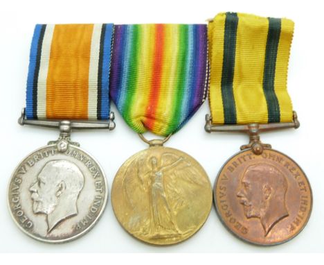 British Army WWI medals comprising War Medal and Victory Medal and Territorial Force War Medal named to 2096 Pte R C Mattin, 